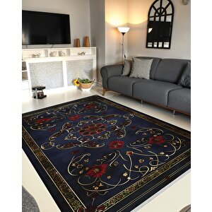 Halı – Lacivert; Kırmızı; Gold – Geleneksel Desen, Pamuk Dokuma Taban, Makinede Yıkanabilir, Kolay Temizlenebilir, Toz Ve Tüy Tutmaz, Kaymaz, Evcil Hayvan Dostu 160x230 cm