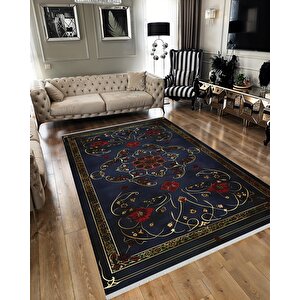 Halı – Lacivert; Kırmızı; Gold – Geleneksel Desen, Pamuk Dokuma Taban, Makinede Yıkanabilir, Kolay Temizlenebilir, Toz Ve Tüy Tutmaz, Kaymaz, Evcil Hayvan Dostu 160x230 cm