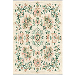 Halı – Krem; Yeşil; Pudra – Geleneksel Desen, Pamuk Dokuma Taban, Makinede Yıkanabilir, Kolay Temizlenebilir, Toz Ve Tüy Tutmaz, Kaymaz, Evcil Hayvan Dostu 100x180 cm