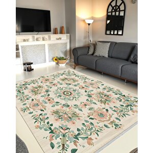 Halı – Krem; Yeşil; Pudra – Geleneksel Desen, Pamuk Dokuma Taban, Makinede Yıkanabilir, Kolay Temizlenebilir, Toz Ve Tüy Tutmaz, Kaymaz, Evcil Hayvan Dostu 100x180 cm