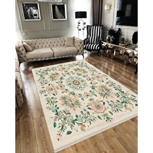 Halı – Krem; Yeşil; Pudra – Geleneksel Desen, Pamuk Dokuma Taban, Makinede Yıkanabilir, Kolay Temizlenebilir, Toz Ve Tüy Tutmaz, Kaymaz, Evcil Hayvan Dostu 100x180 cm