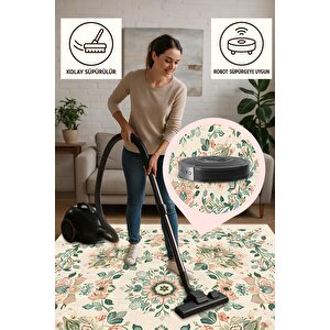 Halı – Krem; Yeşil; Pudra – Geleneksel Desen, Pamuk Dokuma Taban, Makinede Yıkanabilir, Kolay Temizlenebilir, Toz Ve Tüy Tutmaz, Kaymaz, Evcil Hayvan Dostu