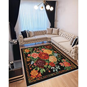 Yıkanabilir Halı – Siyah; Kırmızı; Sarı; Yeşil – Çiçekli Desen, Pamuk Dokuma Taban, Makinede Yıkanabilir, Kolay Temizlenebilir, Toz Ve Tüy Tutmaz, Kaymaz, Evcil Hayvan Dostu 160x350 cm