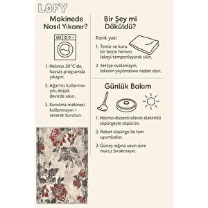 Yıkanabilir Halı – Kırmızı; Gri; Krem – Çiçek Desen, Pamuk Dokuma Taban, Makinede Yıkanabilir, Kolay Temizlenebilir, Toz Ve Tüy Tutmaz, Kaymaz, Evcil Hayvan Dostu