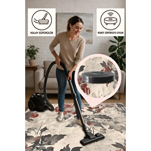Yıkanabilir Halı – Kırmızı; Gri; Krem – Çiçek Desen, Pamuk Dokuma Taban, Makinede Yıkanabilir, Kolay Temizlenebilir, Toz Ve Tüy Tutmaz, Kaymaz, Evcil Hayvan Dostu