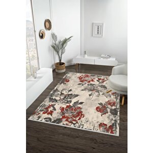 Yıkanabilir Halı – Kırmızı; Gri; Krem – Çiçek Desen, Pamuk Dokuma Taban, Makinede Yıkanabilir, Kolay Temizlenebilir, Toz Ve Tüy Tutmaz, Kaymaz, Evcil Hayvan Dostu 150x240 cm