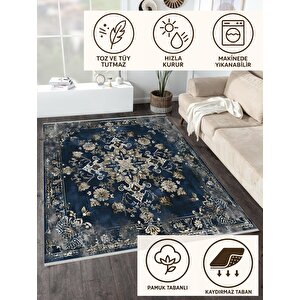 Halı – Lacivert; Bej; Gri – Geleneksel Desen, Pamuk Dokuma Taban, Makinede Yıkanabilir, Kolay Temizlenebilir, Toz Ve Tüy Tutmaz, Kaymaz, Evcil Hayvan Dostu