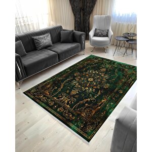 Halı – Yeşil; Siyah; Gold – Geleneksel Desen, Pamuk Dokuma Taban, Makinede Yıkanabilir, Kolay Temizlenebilir, Toz Ve Tüy Tutmaz, Kaymaz, Evcil Hayvan Dostu