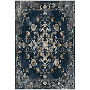 Halı – Lacivert; Bej; Gri – Geleneksel Desen, Pamuk Dokuma Taban, Makinede Yıkanabilir, Kolay Temizlenebilir, Toz Ve Tüy Tutmaz, Kaymaz, Evcil Hayvan Dostu 150x240 cm