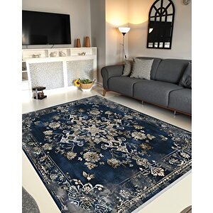 Halı – Lacivert; Bej; Gri – Geleneksel Desen, Pamuk Dokuma Taban, Makinede Yıkanabilir, Kolay Temizlenebilir, Toz Ve Tüy Tutmaz, Kaymaz, Evcil Hayvan Dostu 150x240 cm