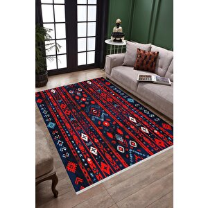 Yıkanabilir Halı – Kırmızı; Lacivert; Beyaz – Etnik Desen, Pamuk Dokuma Taban, Makinede Yıkanabilir, Kolay Temizlenebilir, Toz Ve Tüy Tutmaz, Kaymaz, Evcil Hayvan Dostu 200x220 cm