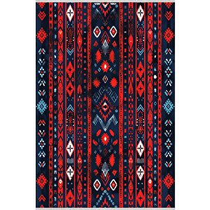 Yıkanabilir Halı – Kırmızı; Lacivert; Beyaz – Etnik Desen, Pamuk Dokuma Taban, Makinede Yıkanabilir, Kolay Temizlenebilir, Toz Ve Tüy Tutmaz, Kaymaz, Evcil Hayvan Dostu 120x270 cm