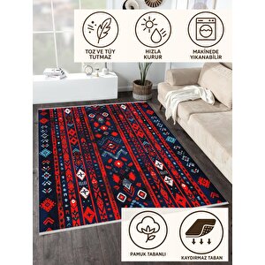 Yıkanabilir Halı – Kırmızı; Lacivert; Beyaz – Etnik Desen, Pamuk Dokuma Taban, Makinede Yıkanabilir, Kolay Temizlenebilir, Toz Ve Tüy Tutmaz, Kaymaz, Evcil Hayvan Dostu 120x270 cm