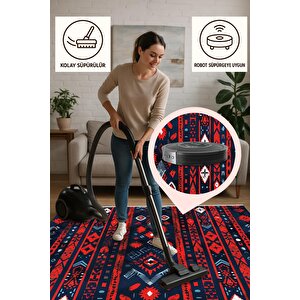 Yıkanabilir Halı – Kırmızı; Lacivert; Beyaz – Etnik Desen, Pamuk Dokuma Taban, Makinede Yıkanabilir, Kolay Temizlenebilir, Toz Ve Tüy Tutmaz, Kaymaz, Evcil Hayvan Dostu