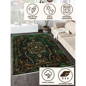 Halı – Yeşil; Siyah; Gold – Geleneksel Desen, Pamuk Dokuma Taban, Makinede Yıkanabilir, Kolay Temizlenebilir, Toz Ve Tüy Tutmaz, Kaymaz, Evcil Hayvan Dostu