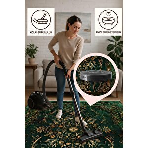 Halı – Yeşil; Siyah; Gold – Geleneksel Desen, Pamuk Dokuma Taban, Makinede Yıkanabilir, Kolay Temizlenebilir, Toz Ve Tüy Tutmaz, Kaymaz, Evcil Hayvan Dostu