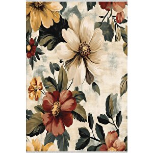 Yıkanabilir Halı – Krem; Kırmızı; Sarı; Yeşil – Çiçekli Desen, Pamuk Dokuma Taban, Makinede Yıkanabilir, Kolay Temizlenebilir, Toz Ve Tüy Tutmaz, Kaymaz, Evcil Hayvan Dostu 150x240 cm