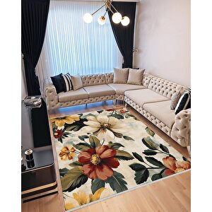 Yıkanabilir Halı – Krem; Kırmızı; Sarı; Yeşil – Çiçekli Desen, Pamuk Dokuma Taban, Makinede Yıkanabilir, Kolay Temizlenebilir, Toz Ve Tüy Tutmaz, Kaymaz, Evcil Hayvan Dostu 150x240 cm