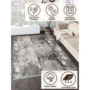 Yıkanabilir Halı – Gri; Siyah; Krem – Soyut Desen, Pamuk Dokuma Taban, Makinede Yıkanabilir, Kolay Temizlenebilir, Toz Ve Tüy Tutmaz, Kaymaz, Evcil Hayvan Dostu 80x150 cm