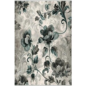 Yıkanabilir Halı – Yeşil; Gri; Krem – Çiçekli Desen, Pamuk Dokuma Taban, Makinede Yıkanabilir, Kolay Temizlenebilir, Toz Ve Tüy Tutmaz, Kaymaz, Evcil Hayvan Dostu 160x350 cm