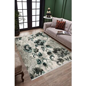 Yıkanabilir Halı – Yeşil; Gri; Krem – Çiçekli Desen, Pamuk Dokuma Taban, Makinede Yıkanabilir, Kolay Temizlenebilir, Toz Ve Tüy Tutmaz, Kaymaz, Evcil Hayvan Dostu 160x350 cm