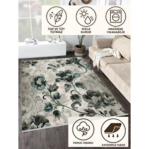 Yıkanabilir Halı – Yeşil; Gri; Krem – Çiçekli Desen, Pamuk Dokuma Taban, Makinede Yıkanabilir, Kolay Temizlenebilir, Toz Ve Tüy Tutmaz, Kaymaz, Evcil Hayvan Dostu 160x350 cm