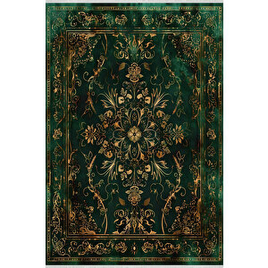 Halı – Yeşil; Siyah; Gold – Geleneksel Desen, Pamuk Dokuma Taban, Makinede Yıkanabilir, Kolay Temizlenebilir, Toz Ve Tüy Tutmaz, Kaymaz, Evcil Hayvan Dostu 100x180 cm