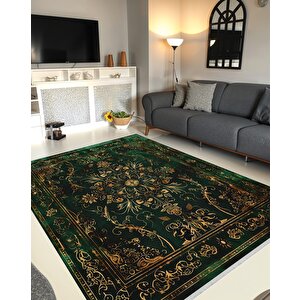 Halı – Yeşil; Siyah; Gold – Geleneksel Desen, Pamuk Dokuma Taban, Makinede Yıkanabilir, Kolay Temizlenebilir, Toz Ve Tüy Tutmaz, Kaymaz, Evcil Hayvan Dostu 100x180 cm
