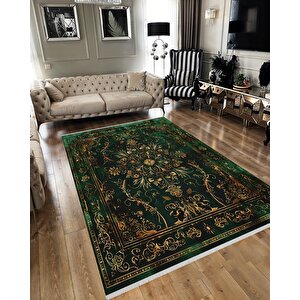 Halı – Yeşil; Siyah; Gold – Geleneksel Desen, Pamuk Dokuma Taban, Makinede Yıkanabilir, Kolay Temizlenebilir, Toz Ve Tüy Tutmaz, Kaymaz, Evcil Hayvan Dostu 100x180 cm