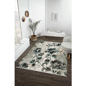 Yıkanabilir Halı – Yeşil; Gri; Krem – Çiçekli Desen, Pamuk Dokuma Taban, Makinede Yıkanabilir, Kolay Temizlenebilir, Toz Ve Tüy Tutmaz, Kaymaz, Evcil Hayvan Dostu