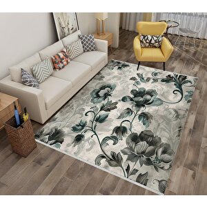 Yıkanabilir Halı – Yeşil; Gri; Krem – Çiçekli Desen, Pamuk Dokuma Taban, Makinede Yıkanabilir, Kolay Temizlenebilir, Toz Ve Tüy Tutmaz, Kaymaz, Evcil Hayvan Dostu