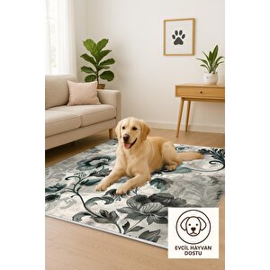 Yıkanabilir Halı – Yeşil; Gri; Krem – Çiçekli Desen, Pamuk Dokuma Taban, Makinede Yıkanabilir, Kolay Temizlenebilir, Toz Ve Tüy Tutmaz, Kaymaz, Evcil Hayvan Dostu