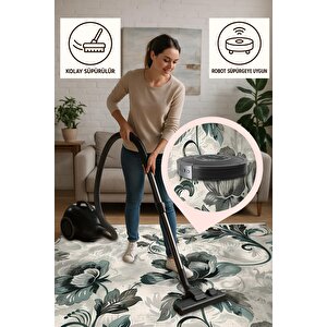 Yıkanabilir Halı – Yeşil; Gri; Krem – Çiçekli Desen, Pamuk Dokuma Taban, Makinede Yıkanabilir, Kolay Temizlenebilir, Toz Ve Tüy Tutmaz, Kaymaz, Evcil Hayvan Dostu