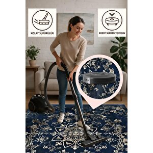 Halı – Lacivert; Krem – Geleneksel Desen, Pamuk Dokuma Taban, Makinede Yıkanabilir, Kolay Temizlenebilir, Toz Ve Tüy Tutmaz, Kaymaz, Evcil Hayvan Dostu