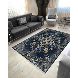 Halı – Lacivert; Bej; Gri – Geleneksel Desen, Pamuk Dokuma Taban, Makinede Yıkanabilir, Kolay Temizlenebilir, Toz Ve Tüy Tutmaz, Kaymaz, Evcil Hayvan Dostu 120x180 cm