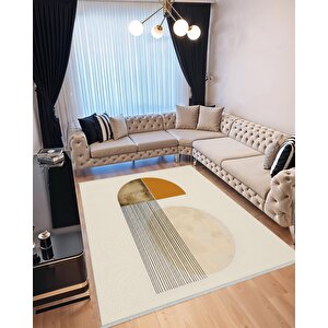 Yıkanabilir Halı – Turuncu; Bej; Siyah – Geometrik Desen, Pamuk Dokuma Taban, Makinede Yıkanabilir, Kolay Temizlenebilir, Toz Ve Tüy Tutmaz, Kaymaz, Evcil Hayvan Dostu 150x300 cm