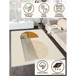 Yıkanabilir Halı – Turuncu; Bej; Siyah – Geometrik Desen, Pamuk Dokuma Taban, Makinede Yıkanabilir, Kolay Temizlenebilir, Toz Ve Tüy Tutmaz, Kaymaz, Evcil Hayvan Dostu 150x300 cm