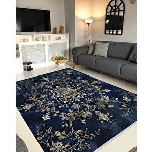 Halı – Lacivert; Krem – Geleneksel Desen, Pamuk Dokuma Taban, Makinede Yıkanabilir, Kolay Temizlenebilir, Toz Ve Tüy Tutmaz, Kaymaz, Evcil Hayvan Dostu 100x180 cm