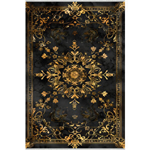 Halı – Siyah; Gold – Geleneksel Desen, Pamuk Dokuma Taban, Makinede Yıkanabilir, Kolay Temizlenebilir, Toz Ve Tüy Tutmaz, Kaymaz, Evcil Hayvan Dostu 200x270 cm