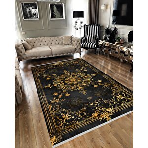 Halı – Siyah; Gold – Geleneksel Desen, Pamuk Dokuma Taban, Makinede Yıkanabilir, Kolay Temizlenebilir, Toz Ve Tüy Tutmaz, Kaymaz, Evcil Hayvan Dostu 200x270 cm