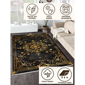 Halı – Siyah; Gold – Geleneksel Desen, Pamuk Dokuma Taban, Makinede Yıkanabilir, Kolay Temizlenebilir, Toz Ve Tüy Tutmaz, Kaymaz, Evcil Hayvan Dostu 200x270 cm