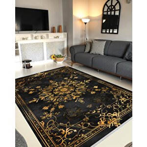 Halı – Siyah; Gold – Geleneksel Desen, Pamuk Dokuma Taban, Makinede Yıkanabilir, Kolay Temizlenebilir, Toz Ve Tüy Tutmaz, Kaymaz, Evcil Hayvan Dostu