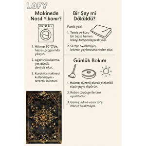 Halı – Siyah; Gold – Geleneksel Desen, Pamuk Dokuma Taban, Makinede Yıkanabilir, Kolay Temizlenebilir, Toz Ve Tüy Tutmaz, Kaymaz, Evcil Hayvan Dostu