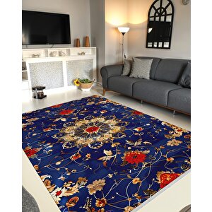Halı – Mavi; Kırmızı; Sarı – Geleneksel Desen, Pamuk Dokuma Taban, Makinede Yıkanabilir, Kolay Temizlenebilir, Toz Ve Tüy Tutmaz, Kaymaz, Evcil Hayvan Dostu 160x350 cm