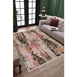 Yıkanabilir Halı – Kahverengi; Pembe; Krem – Soyut Desen, Pamuk Dokuma Taban, Makinede Yıkanabilir, Kolay Temizlenebilir, Toz Ve Tüy Tutmaz, Kaymaz, Evcil Hayvan Dostu 200x220 cm