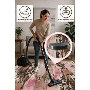 Yıkanabilir Halı – Kahverengi; Pembe; Krem – Soyut Desen, Pamuk Dokuma Taban, Makinede Yıkanabilir, Kolay Temizlenebilir, Toz Ve Tüy Tutmaz, Kaymaz, Evcil Hayvan Dostu