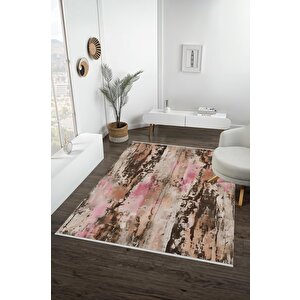 Yıkanabilir Halı – Kahverengi; Pembe; Krem – Soyut Desen, Pamuk Dokuma Taban, Makinede Yıkanabilir, Kolay Temizlenebilir, Toz Ve Tüy Tutmaz, Kaymaz, Evcil Hayvan Dostu