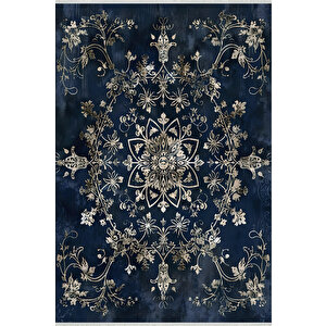 Halı – Lacivert; Krem – Geleneksel Desen, Pamuk Dokuma Taban, Makinede Yıkanabilir, Kolay Temizlenebilir, Toz Ve Tüy Tutmaz, Kaymaz, Evcil Hayvan Dostu 80x150 cm
