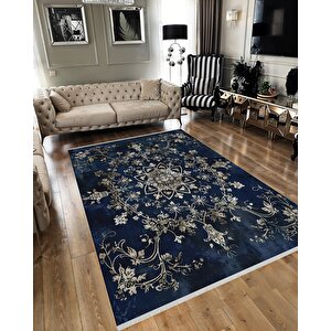 Halı – Lacivert; Krem – Geleneksel Desen, Pamuk Dokuma Taban, Makinede Yıkanabilir, Kolay Temizlenebilir, Toz Ve Tüy Tutmaz, Kaymaz, Evcil Hayvan Dostu 80x150 cm