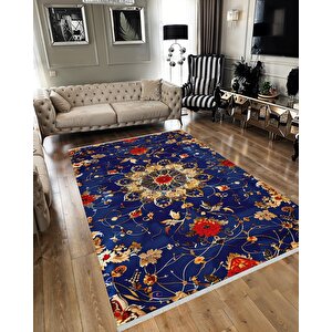 Halı – Mavi; Kırmızı; Sarı – Geleneksel Desen, Pamuk Dokuma Taban, Makinede Yıkanabilir, Kolay Temizlenebilir, Toz Ve Tüy Tutmaz, Kaymaz, Evcil Hayvan Dostu 180x200 cm